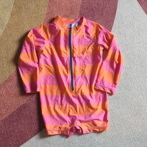 Kids Swimwear - Pink and Orange Striped Swimsuit